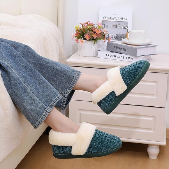 ⚡Women's Green Fuzzy Memory Foam Slippers Closed Back Knit Slip-On House Shoes - Picture 5 of 5